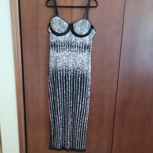 Sheer Stretchy Bodycon dress with silver rhinestones. Elegant and sexy